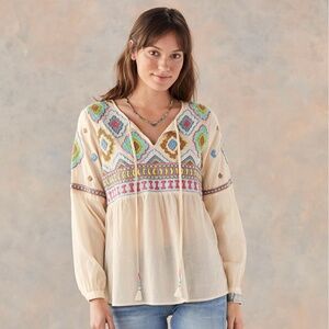 Tolani Desert Hideaway Embroidery Long Sleeve Blouse 100% Cotton Boho Medium